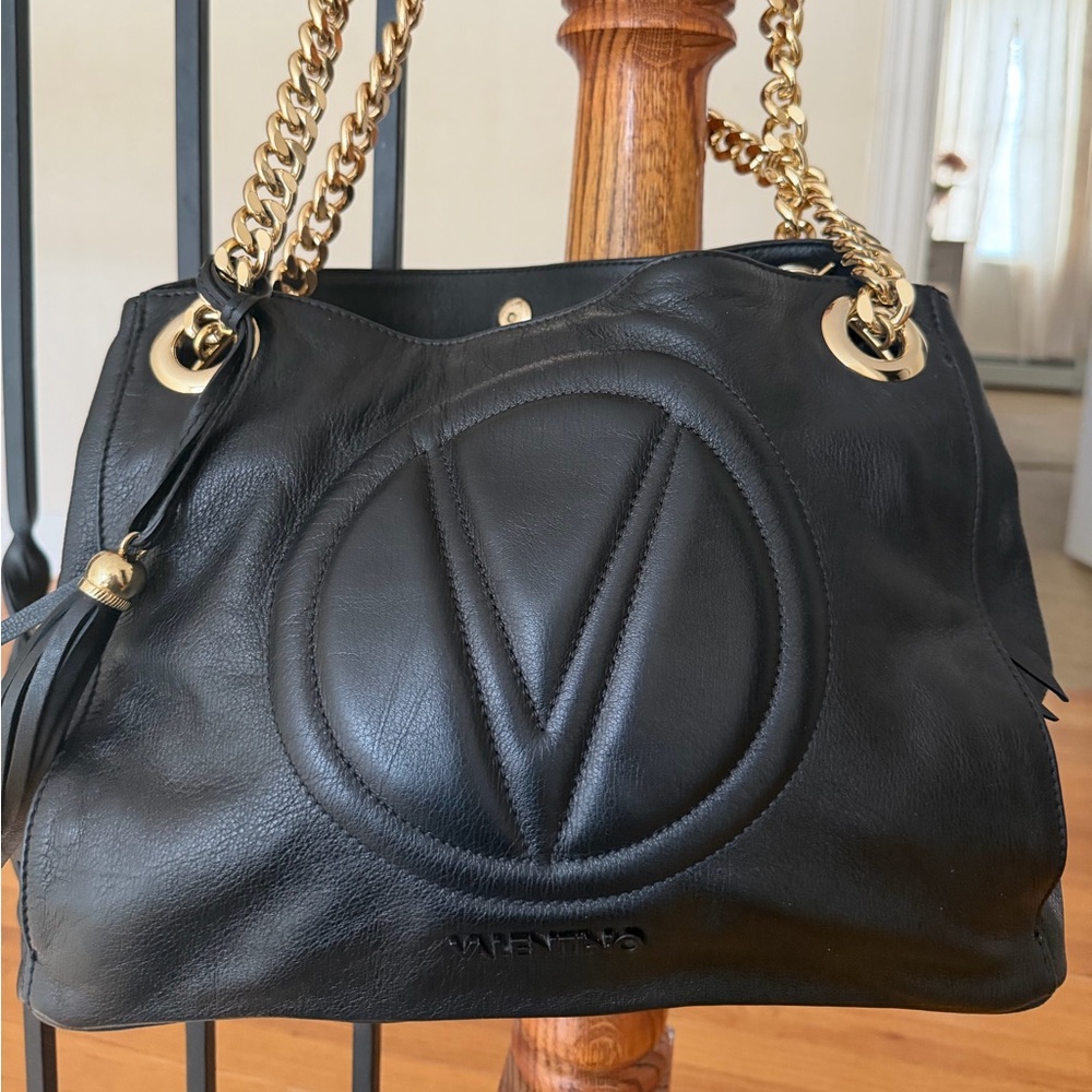Valentino By Mario Valentino Black Shoulder Bag with Gold Accents